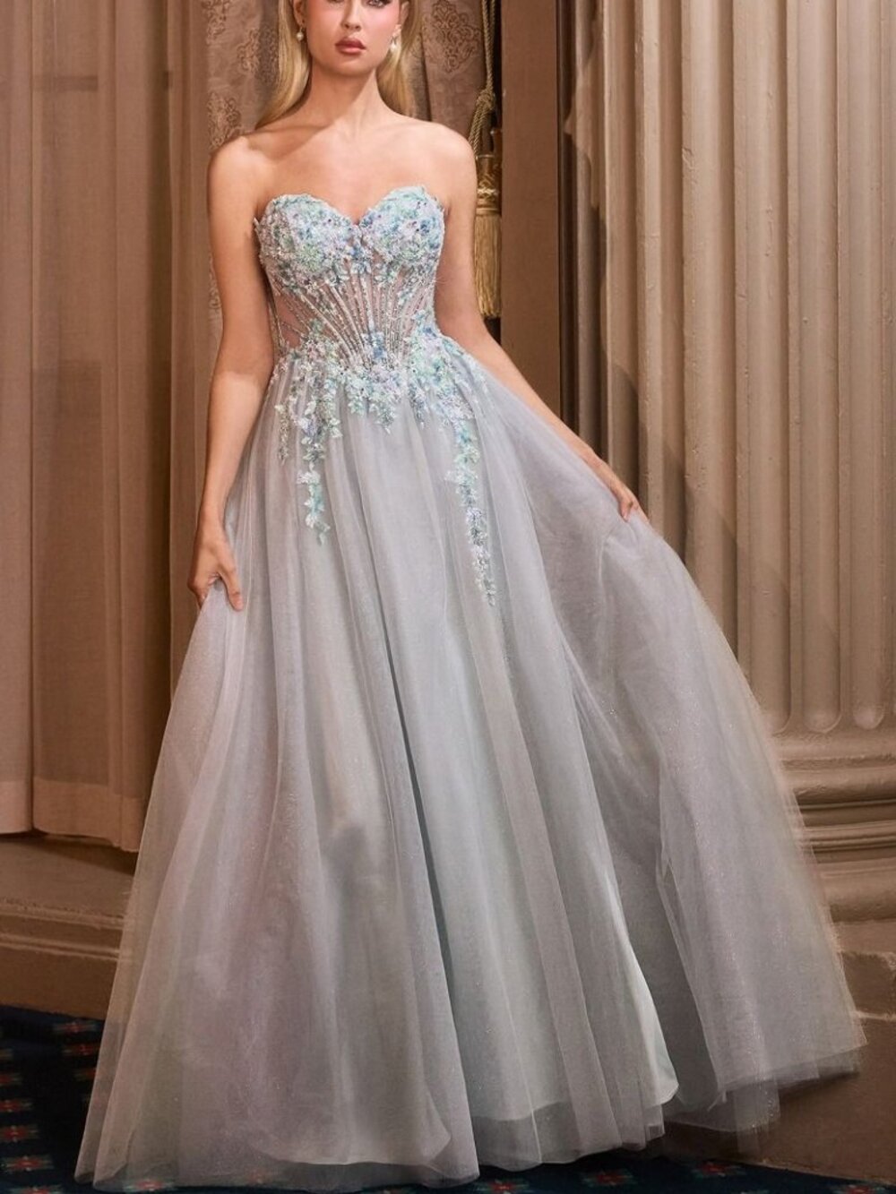 FORMAL DRESS. BLUE STRAPLESS PROM PARTY GALA EVENING BEADED FLORAL GOWN